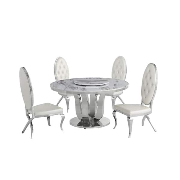 Best Quality Furniture Gina 6-Piece Marble Top With Lazy Susan Stainless Steel Base Table Set, 4 White Faux Leather Chairs With Crystals