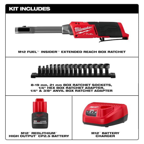 Milwaukee M12 12V FUEL 1/4 in.-3/8 in. Lithium-Ion INSIDER Extended Reach Box Cordless Ratchet Kit w/6 Pt Impact Socket Set