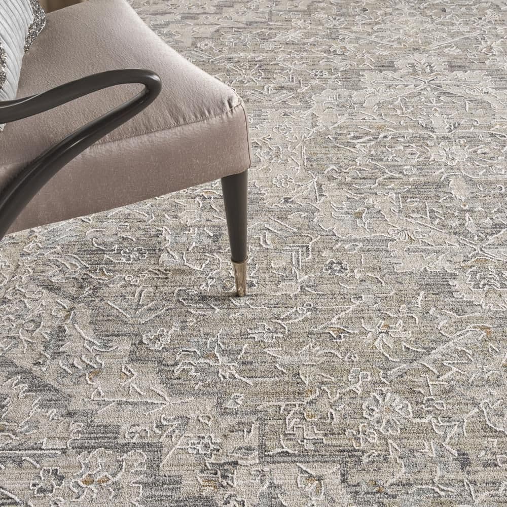 Ivory Taupe Floral Synthetic Round Washable Rug