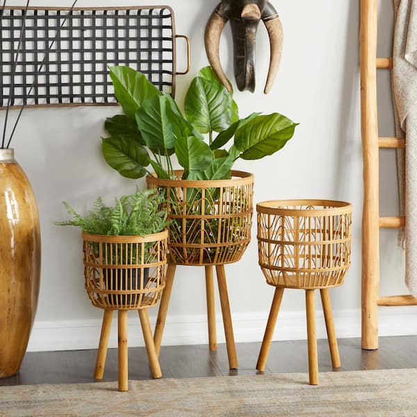 Litton Lane 26 in., 23 in., and 20 in. Large Brown Bamboo Handmade Planter (3- Pack)