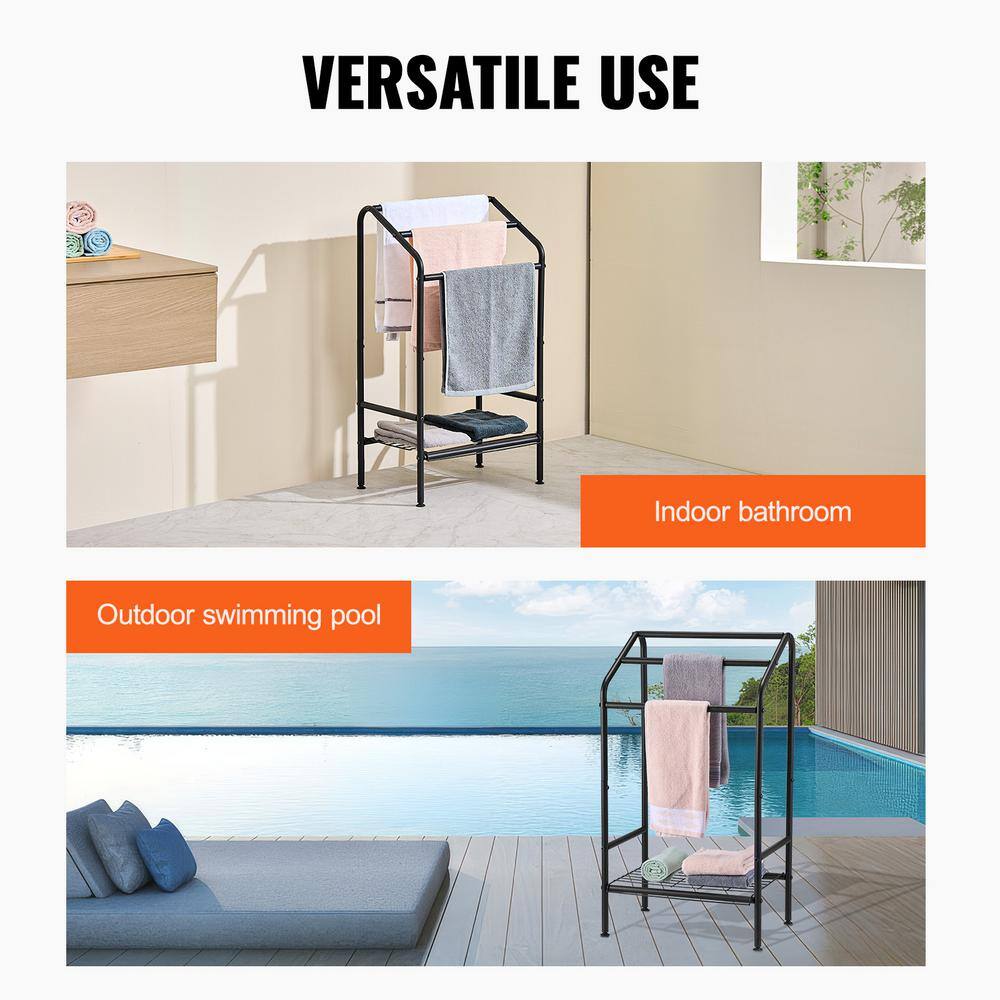 Black Metal Freestanding Triple Towel Rack with Shelf