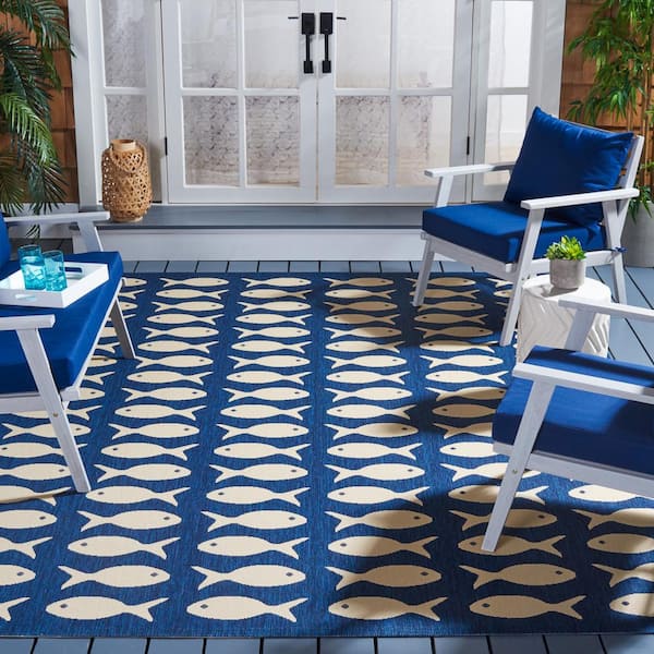 Courtyard Navy/Beige 8 ft. x 10 ft. Geometric Fish Indoor/Outdoor Area Rug