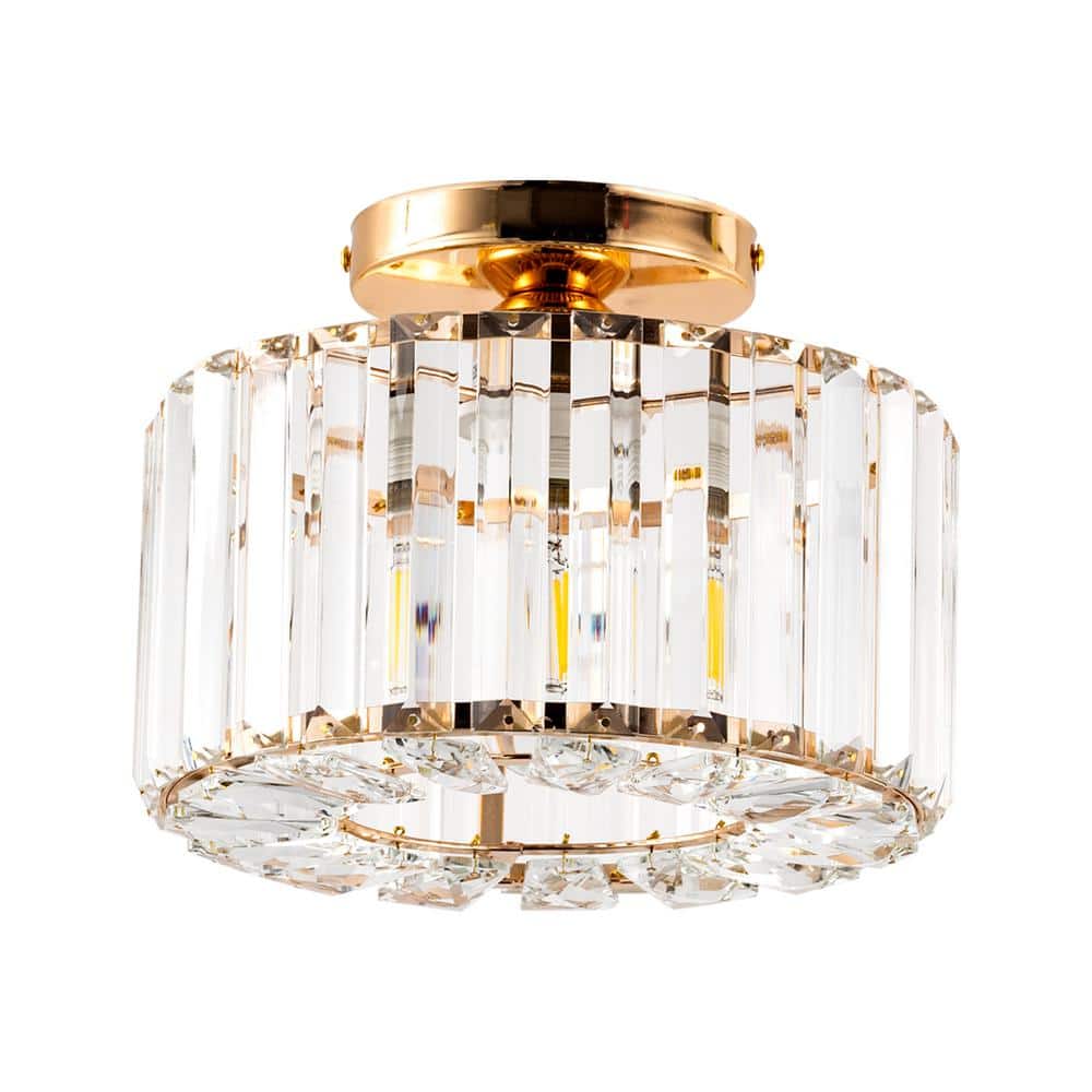 YANSUN 10 in. 1-Light Gold Semi Flush Mount Ceiling Light Crystal ...