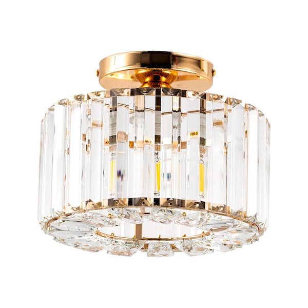 YANSUN 10 in. 1-Light Gold Semi Flush Mount Ceiling Light Crystal ...