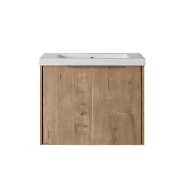 24 in. Wall-Mounted Single Oak Bath Vanity with White Resin Vanity Top Unassembled