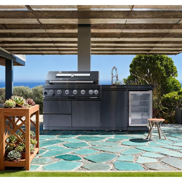 6-Burner Propane Gas Grill Island in Black 85000 BTU Deluxe Stainless Steel Outdoor Kitchen with Wheels and Refrigerator