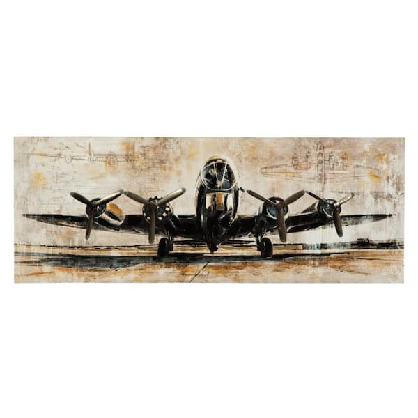 Benjara Brown and Black Wooden Framed Airplane Print Gallery Wrapped Wall Art