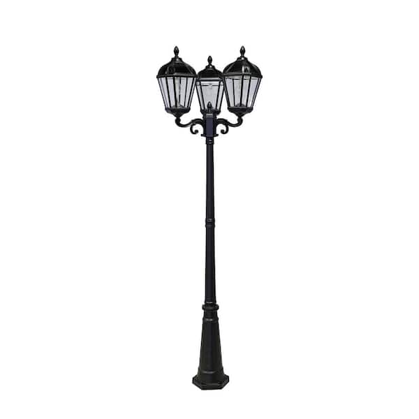 Royal Bulb Series 3-Light Black Aluminum Solar Outdoor Weather Resistant Post Light with 450 Lumen LED Bulb Included
