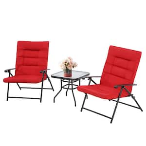 Black 3-Piece Folding Metal Outdoor Bistro Set with Padded Red Cushions