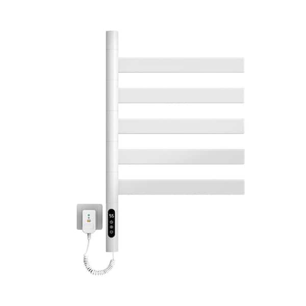 Rotary 5-Bar Wall-Mounted Plug-in Electric Towel Warmer with Smart Touch Screen and 180° Swivel Design in White