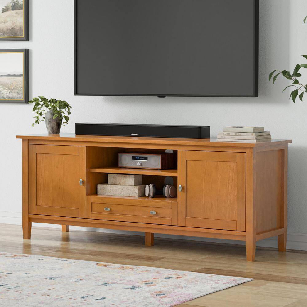 Light Golden Brown Solid Wood 60" TV Media Stand with Cabinets
