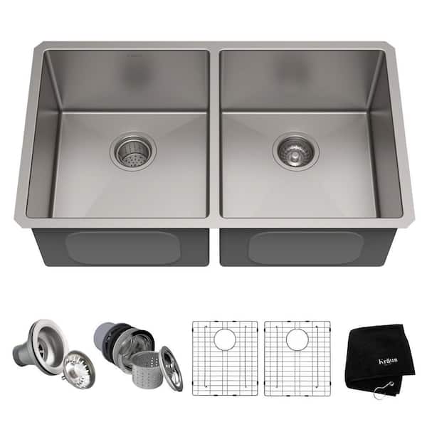 KRAUS Standart PRO 33in. 16 Gauge Undermount 50/50 Double Bowl Stainless Steel Kitchen Sink