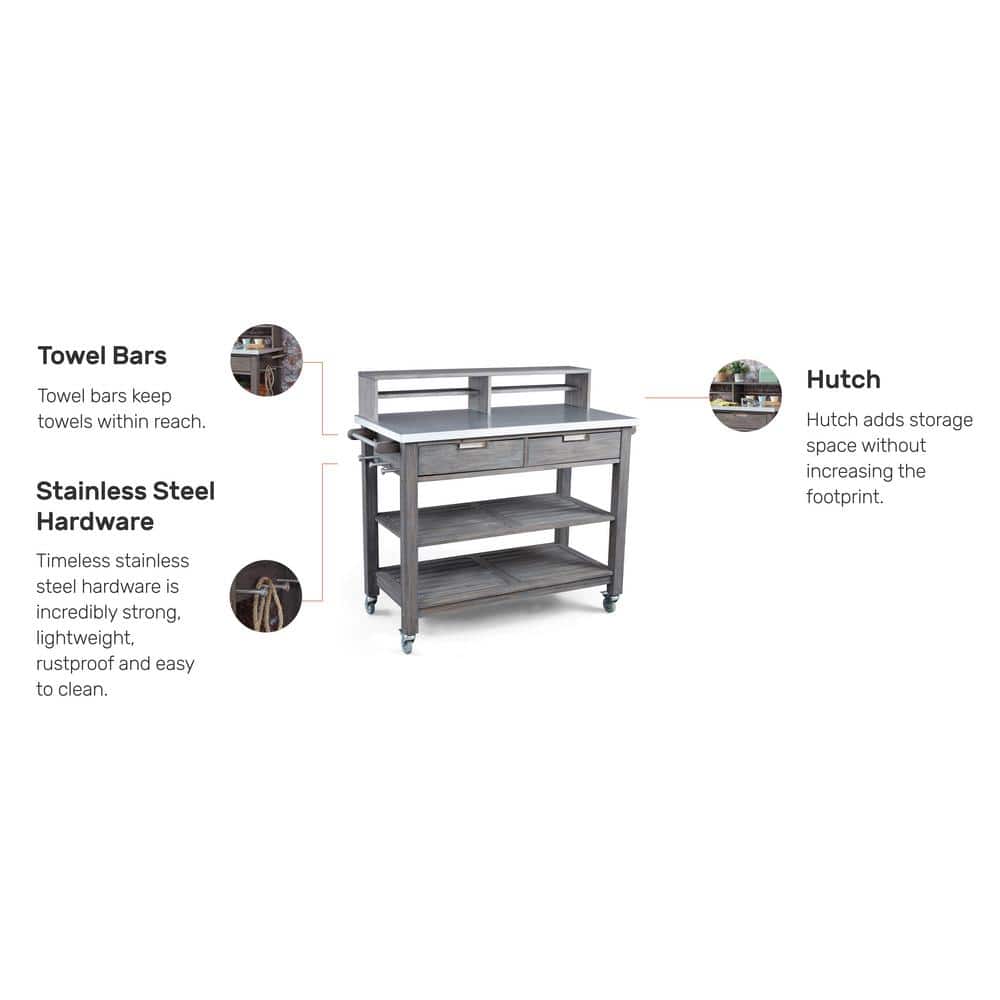 Gray Acacia Wood Potting Bench with Galvanized Steel Top