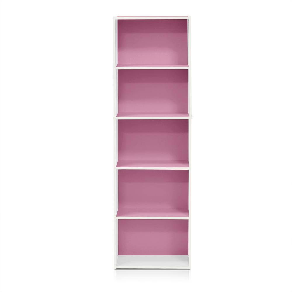 Contemporary 5-Tier Laminated Wood Bookcase in White & Pink
