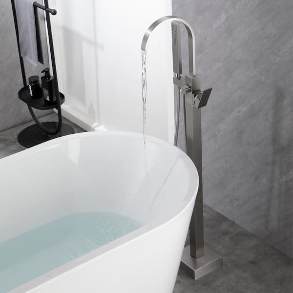 WATWAT Single-Handle Floor Mount Freestanding Tub Faucet with Hand Shower in Brushed Nickel