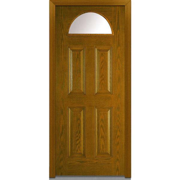 MMI Door 32 in. x 80 in. Right-Hand Inswing Fan Lite Clear 4-Panel Classic Stained Fiberglass Oak Prehung Front Door