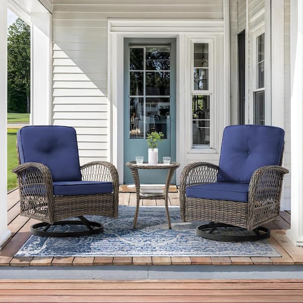 Kovac 3-Piece Brown PE Wicker Outdoor Rocking Chair Set with Navy Blue Cushion Swivel Rocking Chair and Side Table