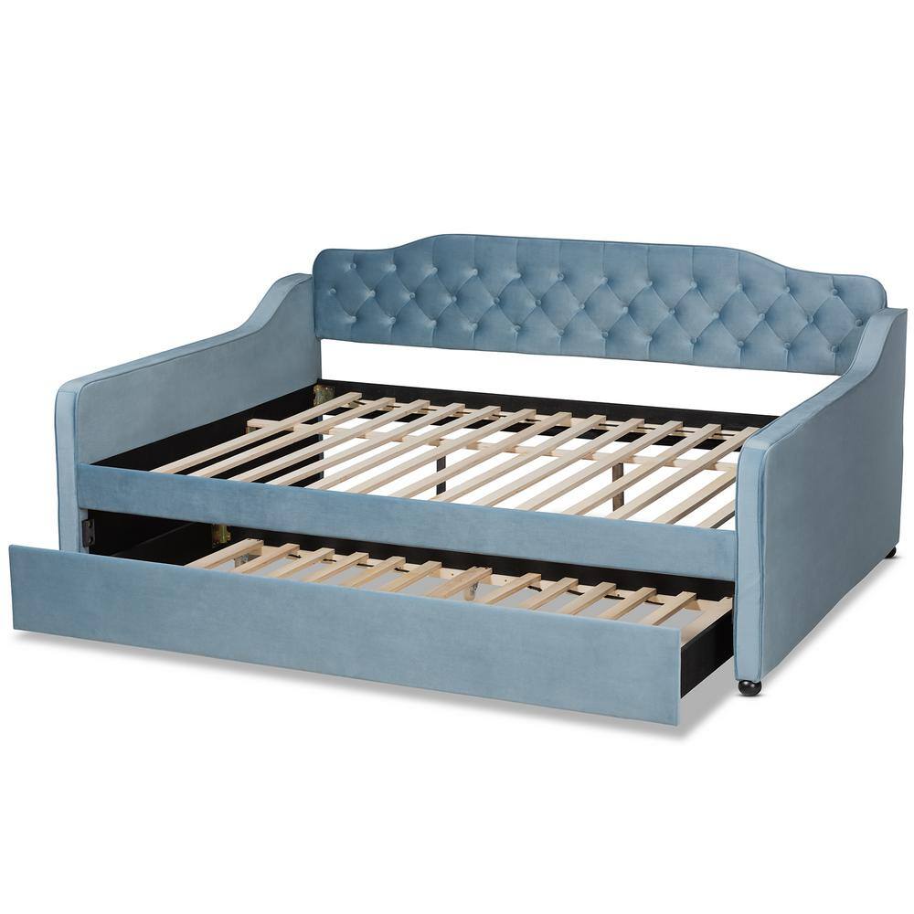 Light Blue Velvet Upholstered Tufted Full Daybed with Trundle