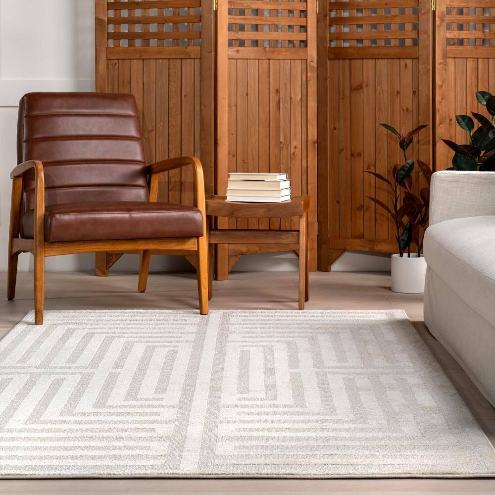 Ivory Geometric Washable Synthetic 4' x 6' Area Rug