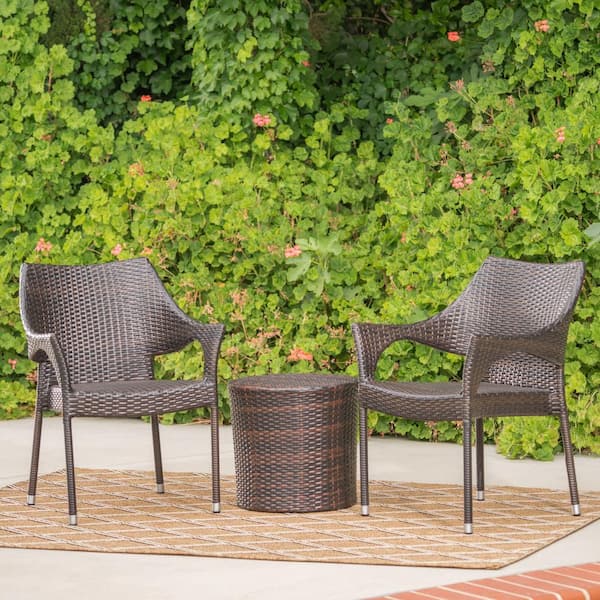 Noble House Brycen Multi-Brown 3-Piece Faux Rattan Patio Conversation Set with Stacking Chairs