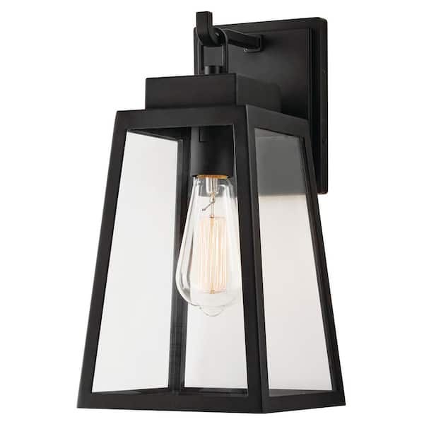Hampton Bay Corbin Medium 13 in. Modern 1-Light Black Hardwired Outdoor Tapered Wall Lantern Sconce with Clear Glass