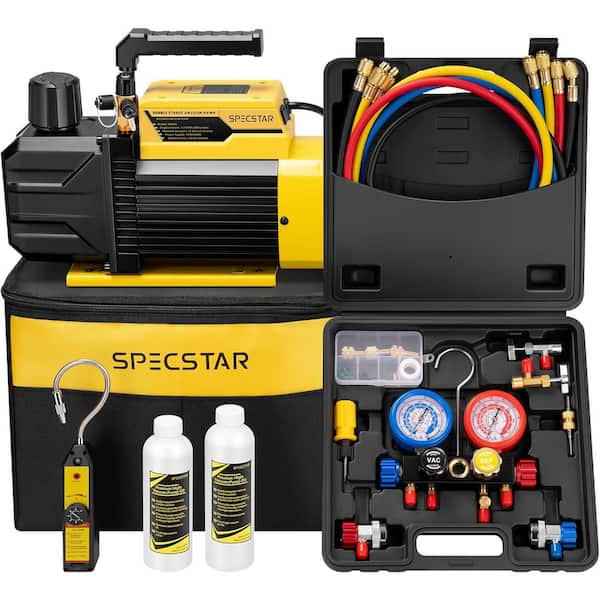 3/4 HP 7.2 CFM 2 Stage HVAC Vacuum Pump and 4 Way AC Manifold Gauge Set with Leak Detector