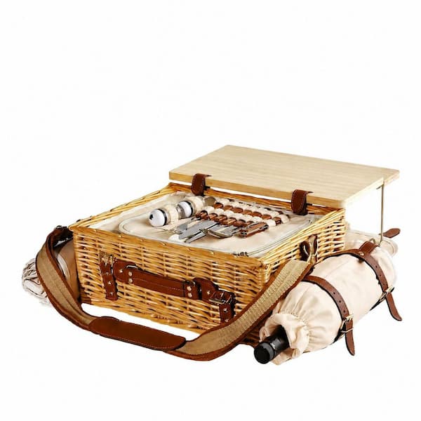 2-Person Wicker Picnic Basket Set with Foldable Table, Insulated Compartment, Tableware and Blanket for Outdoors
