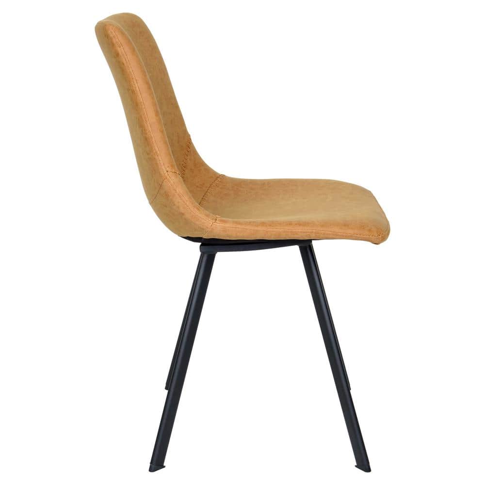 Light Brown Leather Side Chairs with Metal Legs, Set of 2
