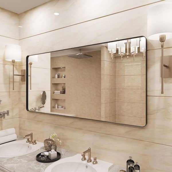 60 in. W x 28 in. H Rounded Rectangle Framed Wall Bathroom Vanity Mirror in Matte Black