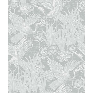 57.5 sq. ft. Mist Marsh Cranes Nonwoven Paper Unpasted Wallpaper Roll