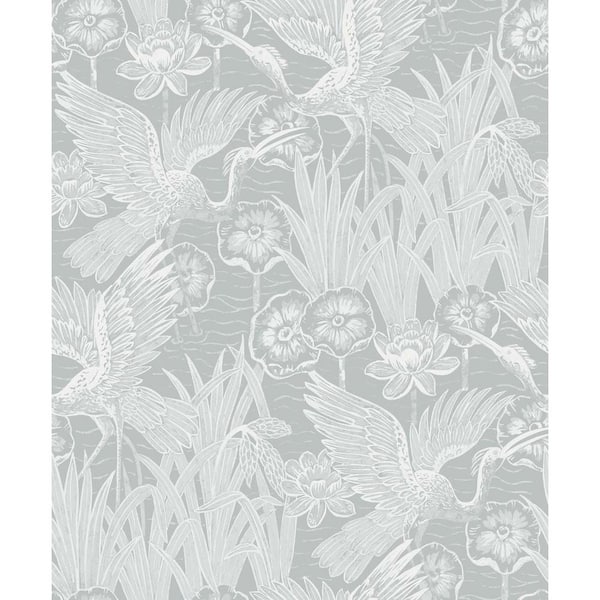 Seabrook Designs 57.5 sq. ft. Mist Marsh Cranes Nonwoven Paper Unpasted Wallpaper Roll