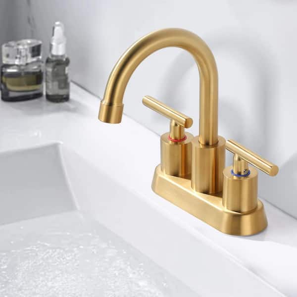 4 in. Centerset Double Handle High Arc Bathroom Faucet with with Pop Up Drain and Water Supply Hoses in Bruhsed Gold