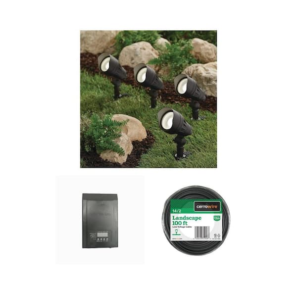 200-Watt Low-Voltage Landscape Transformer, 100 ft. 14/2 Wire, and 390 Lumen LED Flood Light (4-Pack)