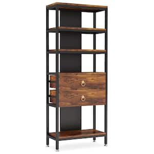 Kaduna 27.56 in. Wide Rustic Brown Wood 5-Shelf Free Standing Bookcase with Adjustable LED Light and 2-Drawers
