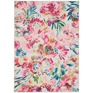 Washable Janelle Raspberry/Ivory 3 ft. x 5 ft. Floral Rectangle Area Rug