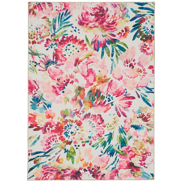 Washable Janelle Raspberry/Ivory 3 ft. x 5 ft. Floral Rectangle Area Rug