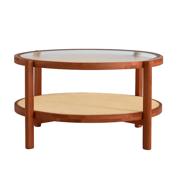 Sudzendf Brown Modern Double-Layer Solid Wood Outdoor Coffee Table with Glass Tabletop