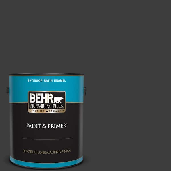 BEHR PREMIUM PLUS 1 gal. Black Satin Enamel Exterior Paint & Primer