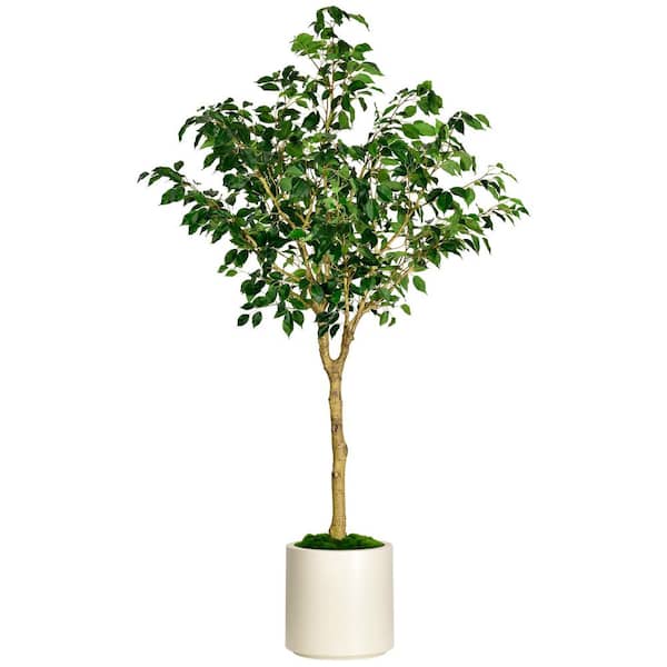 6.5 ft. Artificial Ficus Tree in White Decor Pot, Faux Green Plant Indoor Home Decorative Planter
