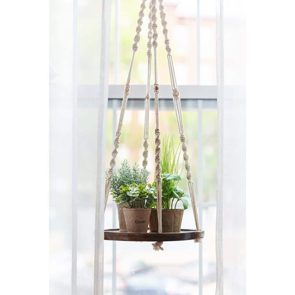 36" Stained Mango Wood Hanging Shelf with Jute Hanger