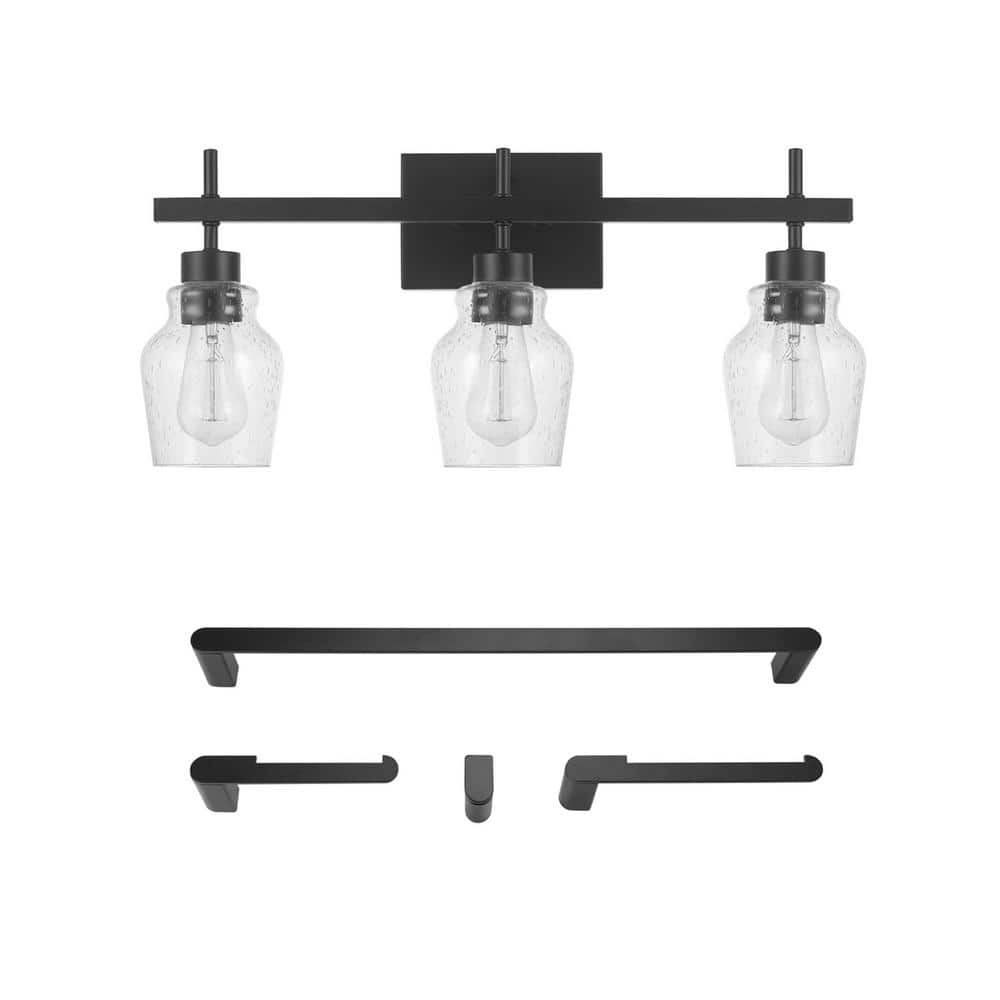 Bunbury 24 in. 3-Light Matte Black Vanity Light with Seeded Glass Shades, 4