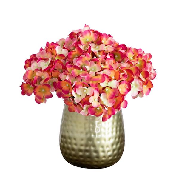 Nearly Natural 11 in. Artificial Hydrangea Arrangement in Gold Metal Vase