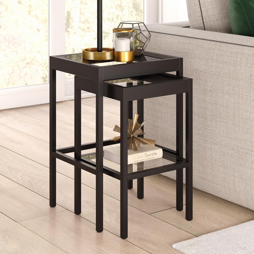 Alexis Transitional Blackened Bronze Nested Side Table Set with Glass Tops