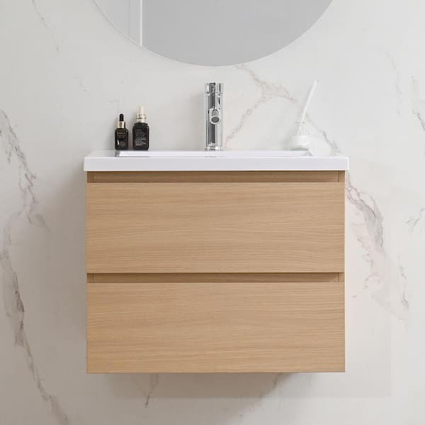 24 in. W x 18 in. D x 20 in. H Single Sink Floating Bath Vanity in Natural Wood Color with White Resin Top Unassembled