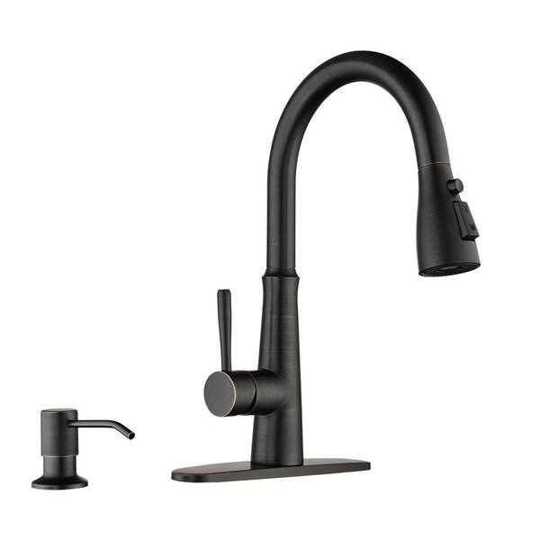 3 Functions Single Handle Pull Down Sprayer Kitchen Faucet with Soap Dispenser in Stainless Steel Oil Rubbed Bronze