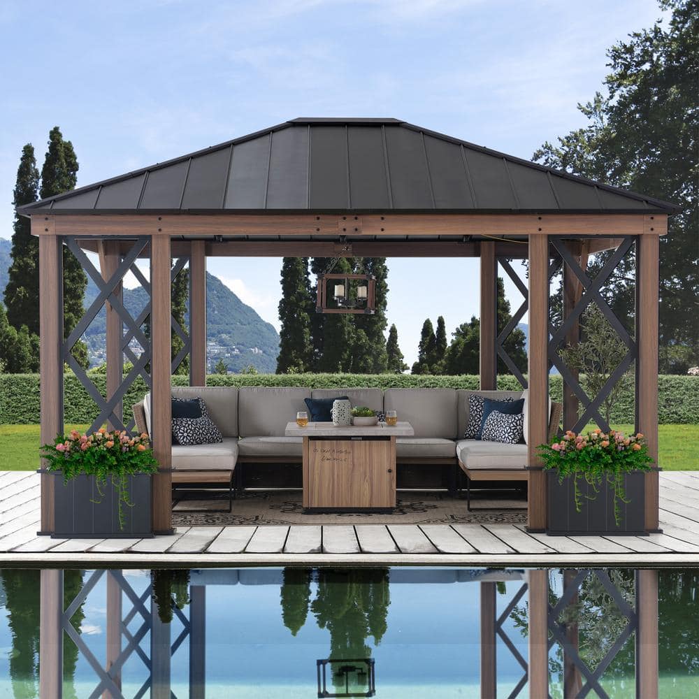 13 ft. x 15 ft. Black Steel Roof Gazebo with Aluminum Frame and Planters