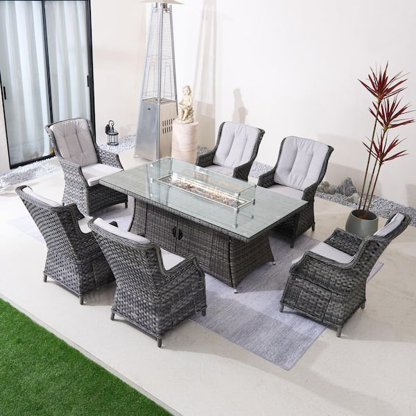 Nadya 7-Piece Gray Wicker Aluminum Outdoor Fire Pit Dining Set with Gray Cushions