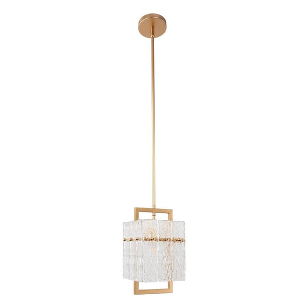 1-Light Adjustable Gold Pendant Light with Seeded Glass Shade, Rectangle Chandelier for Kitchen, Dining Room