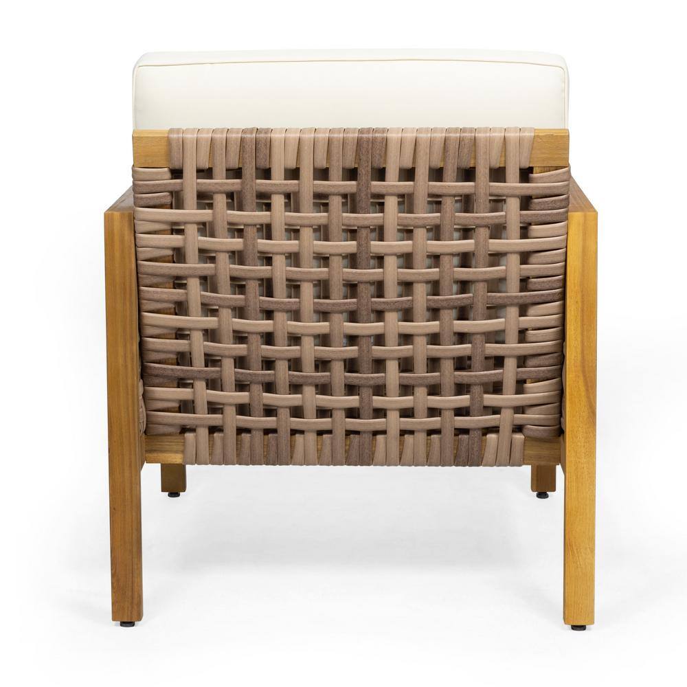 Teak Faux Rattan Club Armchair with Beige Cushions