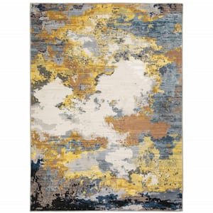 3' X 5' Yellow Gold Blue Grey Brown And Beige Abstract Power Loom Stain Resistant Area Rug
